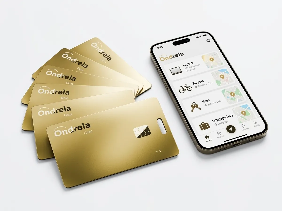 Six Ondrela Tracker gold cards fanned out beside a phone screen listing tracked items: laptop, bicycle, keys and luggage bag