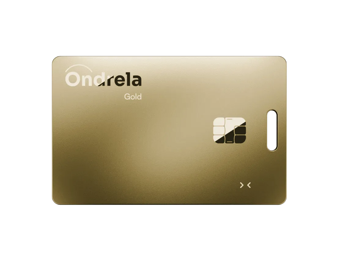 Ondrela Tracker gold card with chip-style contact pad and keyring slot, front view