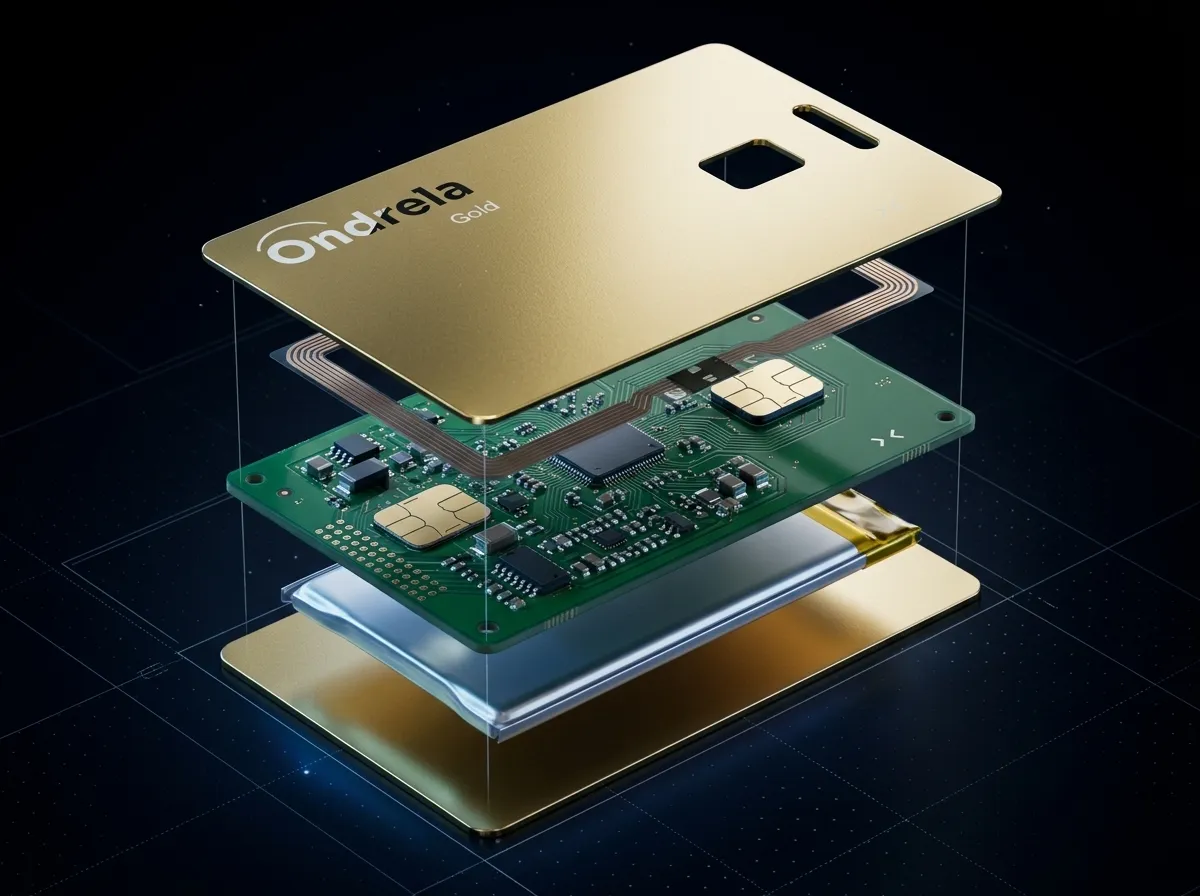 Exploded view of the Ondrela Tracker showing the gold plates, antenna coil, circuit board and flat battery