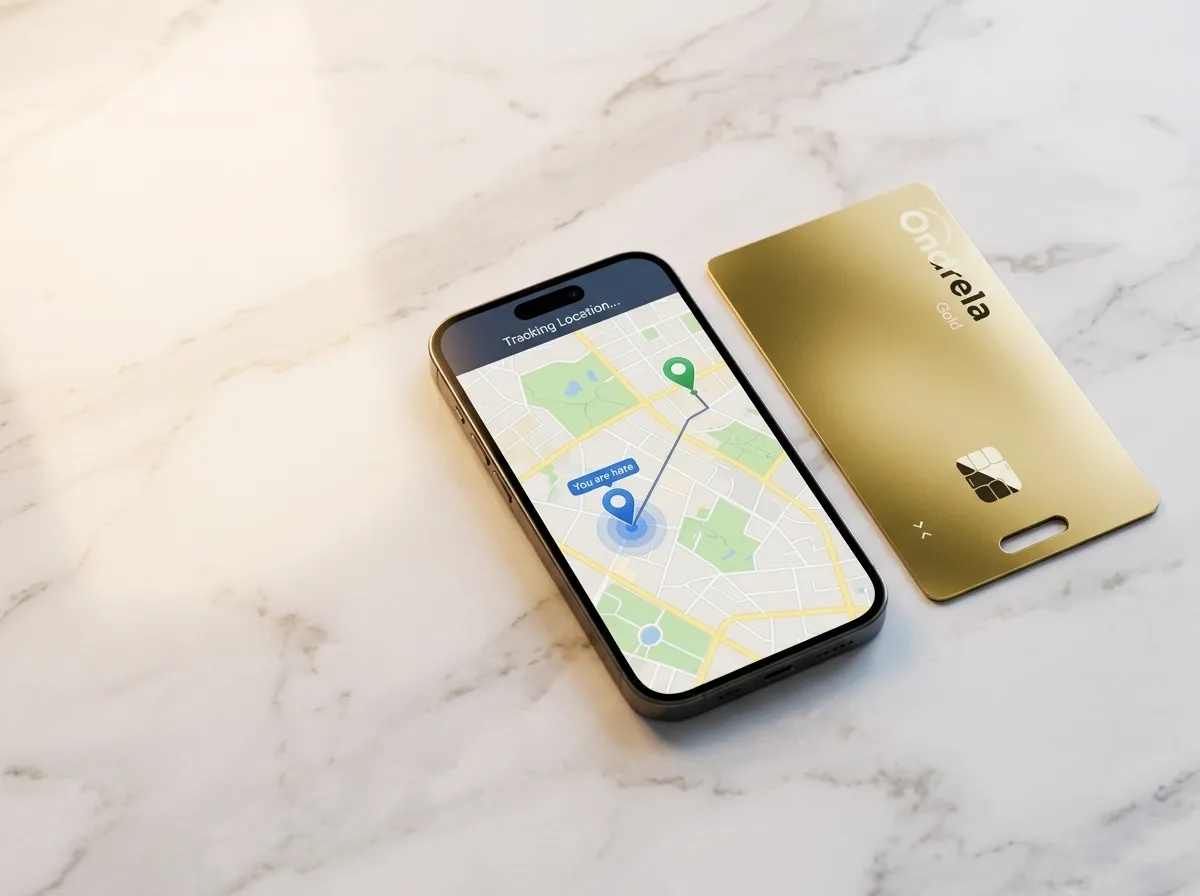 Ondrela Tracker card next to a phone showing a tracking map with a route between two location pins